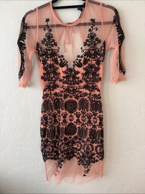 For Love And Lemons Peach-Pink Mesh Mini Dress with Black Embroidery